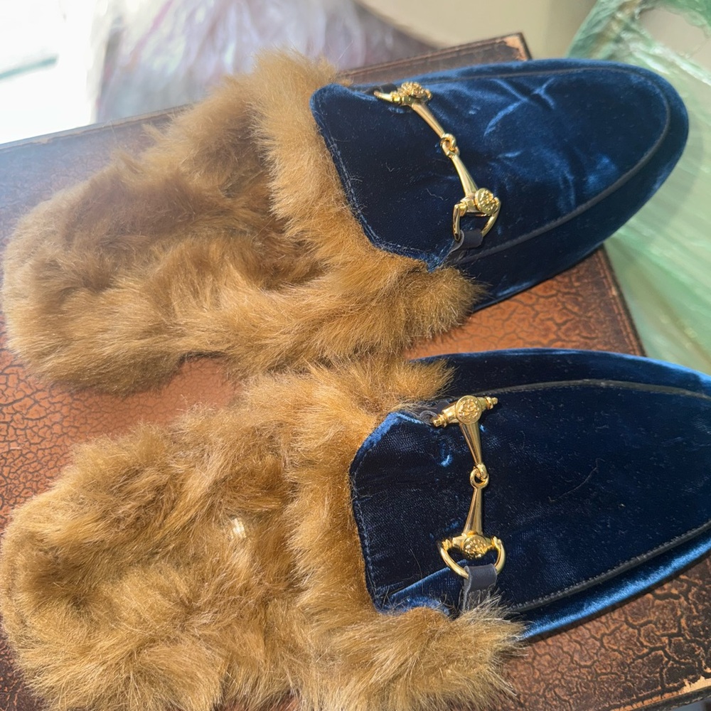 Roberto Cavalli Blue Velvet Fur-Lined Slippers